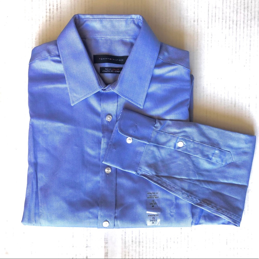 Tommy Hilfiger THFlex Men’s Athletic Fit Dress Shirt, Blue Bay, 15 - 34/35